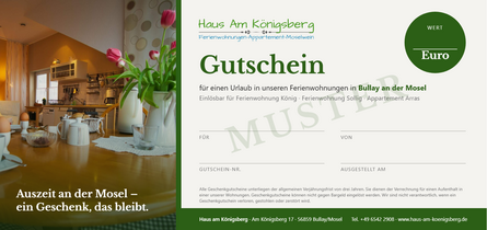 Sample gift voucher from Haus am Königsberg (in German) with fields for value, recipient, giver, voucher number and date